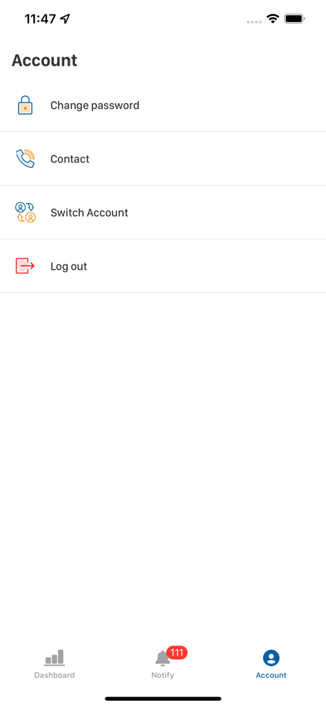 iPOS.vn Manager - Pantalla de gestión de cuentas en la aplicación iPOS.vn Manager que muestra opciones para cambiar contraseñas y cambiar de cuenta.