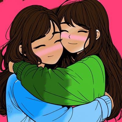 realistic two girls hugging