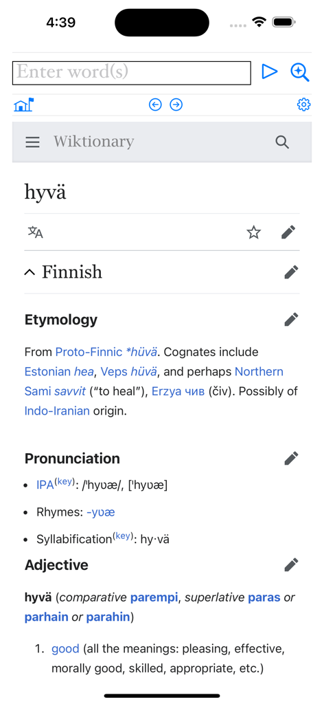 Mobile Wiktionary - Screenshot dell'app Wiktionary Mobile che visualizza l'etimologia e la pronuncia della parola finlandese hyva