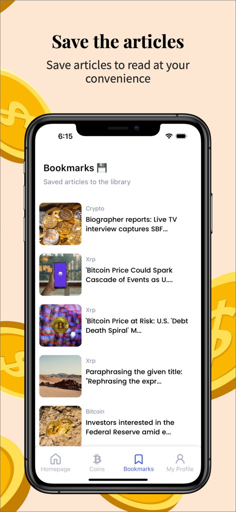 ビットコインとデジタル資産に関する保存された記事のリストを示すCrypto Newsアプリのブックマーク画面