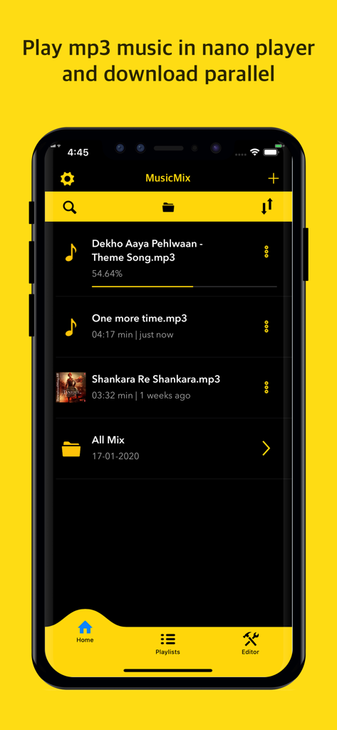 MusicMix - Play music offline - MusicMix app home screen showing a list of MP3 files being downloaded and played in a dark theme interface