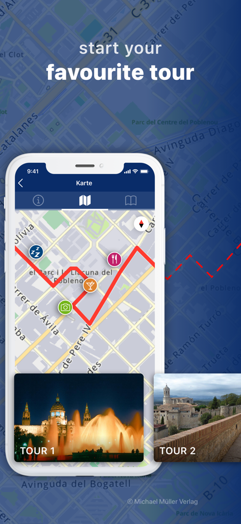 mmTravel travel guide explorer - iPhone-Bildschirm, der eine kuratierte Reise-Tour-Route auf einer Karte in der mmTravel-App anzeigt