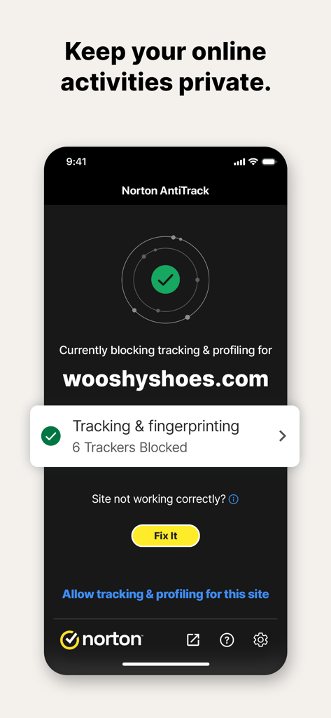 Norton AntiTrack - Interface de l'application mobile Norton AntiTrack montrant six traqueurs bloqués sur un site Web