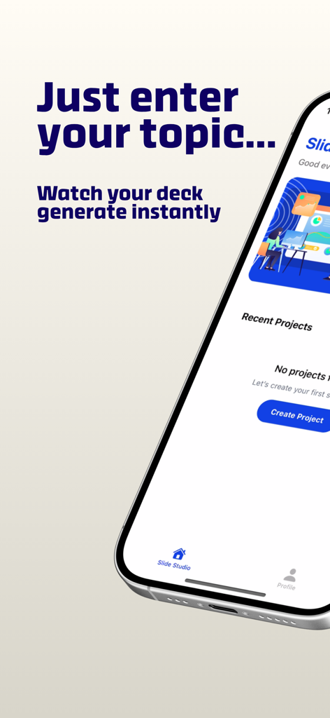 Uma tela de iPhone exibindo a interface do aplicativo GammaAI com um chamado à ação para inserir um tópico e gerar um deck instantaneamente.