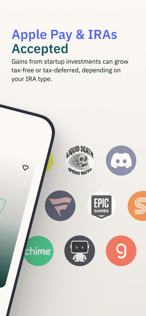 Pantalla de marketing de la app StartEngine mostrando soporte para Apple Pay e IRA con logos de startups populares