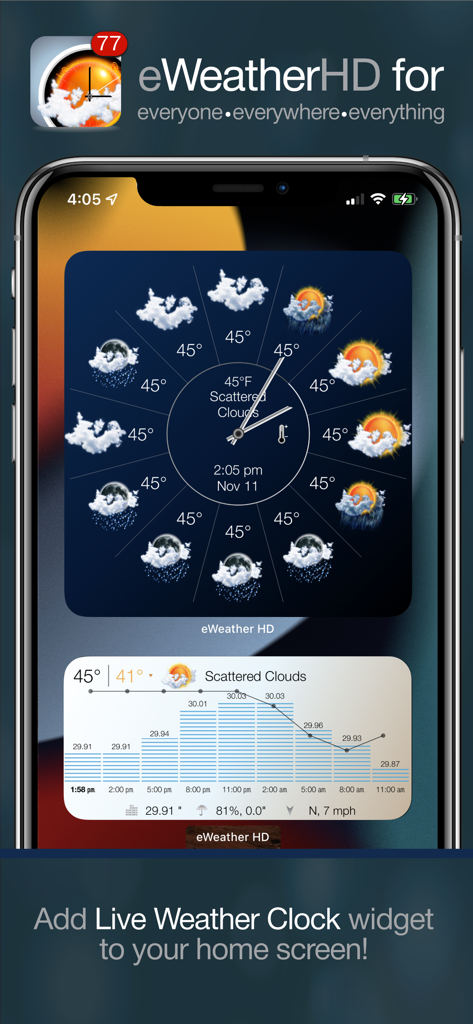 eWeather HD 앱이 iPhone 홈 화면에서 실시간 날씨 시계 및 기압계 위젯을 표시하는 모습