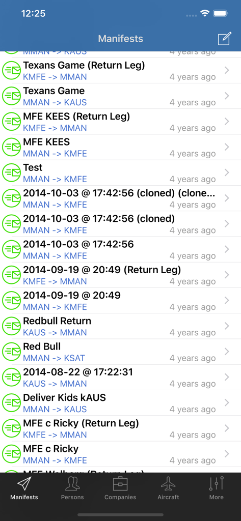 FlashPass mobile app screen showing a chronological list of pilot flight manifests with airport codes and route history