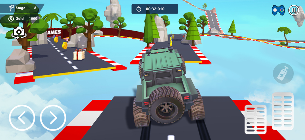 A green truck racing on a 3D sky parkour track with coins and obstacles