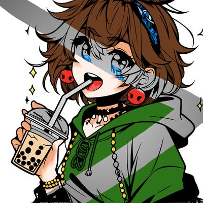 hot baddie anime girl drinking boba and biting the straw