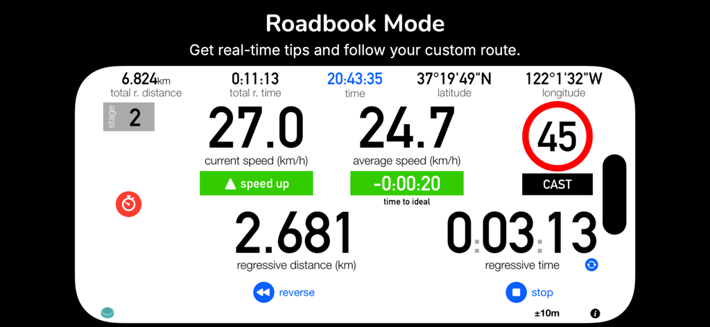 3pRally - TSD Rally - Interface of the 3pRally app in Roadbook Mode showing real-time speed, distance, and time data for TSD rallying.