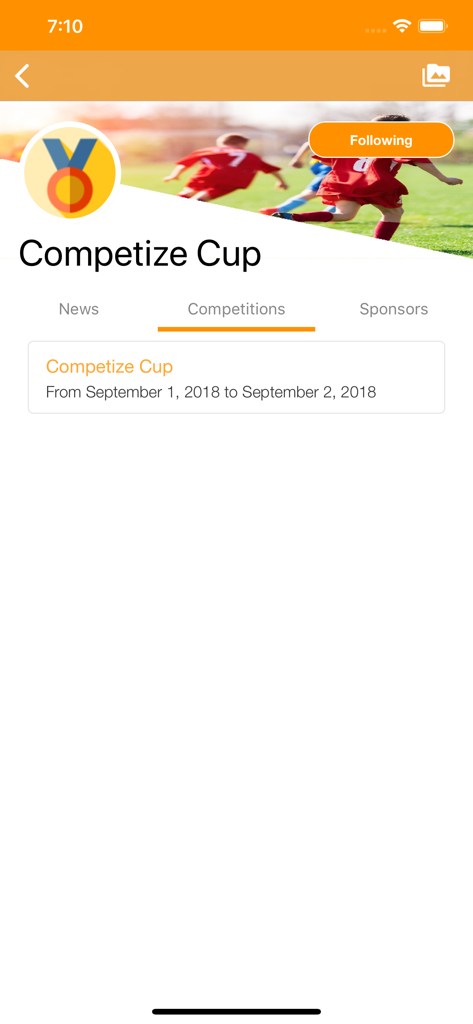 Competize Tournaments, Leagues - Pantalla de la aplicación móvil Competize Cup que muestra el calendario y los detalles de la competición
