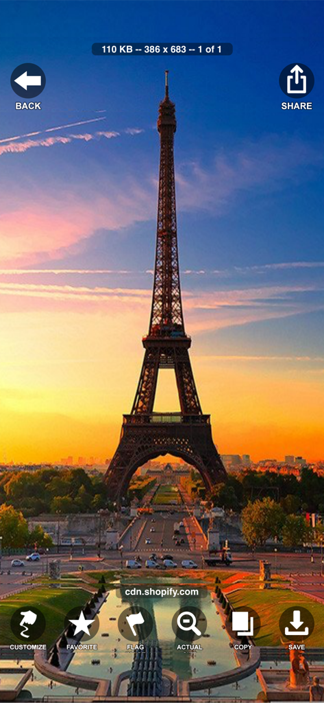 CLIPish Pro - Animations Emoji - Screenshot of the CLIPish Pro app interface showing an Eiffel Tower photo at sunset with options to customize favorite and share