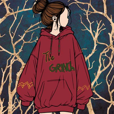 realistic girl with a oversized sweatshirt on and a bun