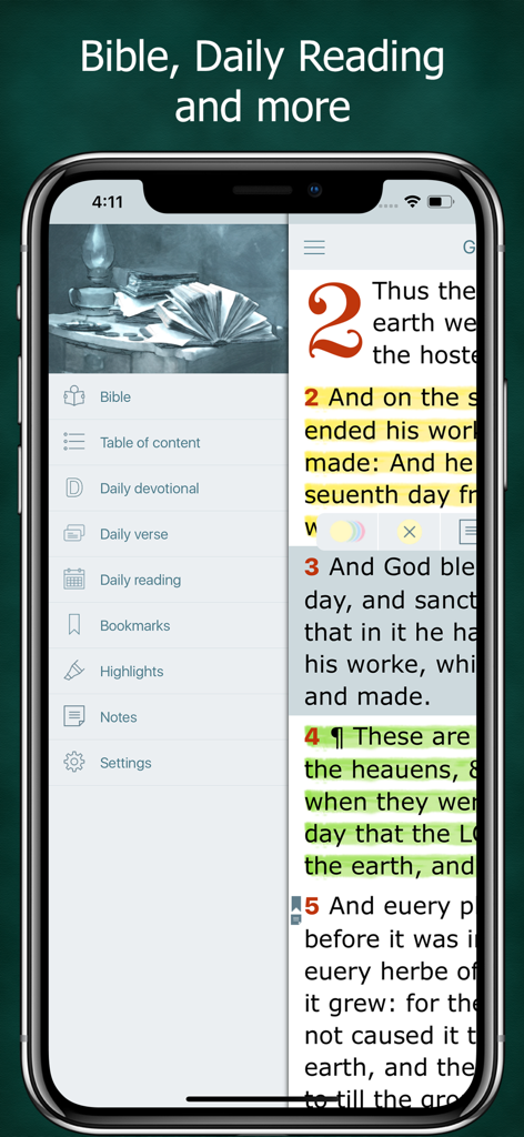 Interface of the 1611 King James Bible app showing a navigation menu and biblical text with archaic spelling and highlights