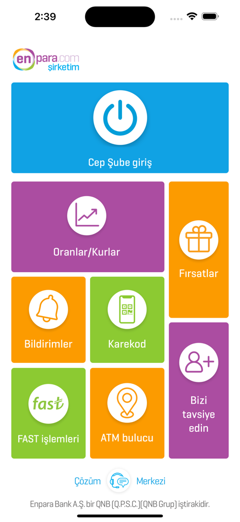 Enpara Bank Sirketim mobile app dashboard showing various banking service tiles including exchange rates and QR code.