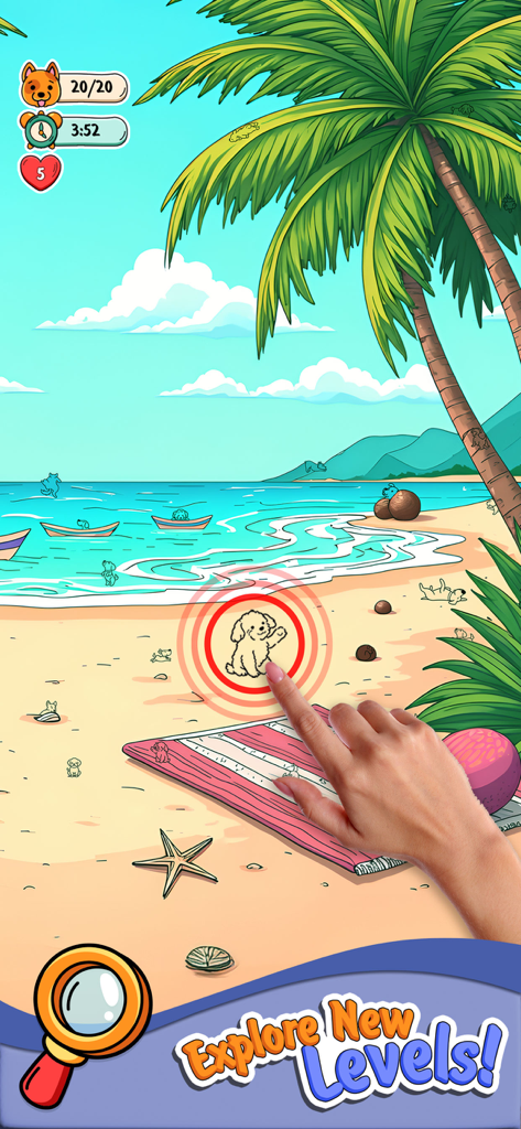 Find The Dogs - A hand tapping a hidden puppy on a tropical beach in the Find The Dogs app