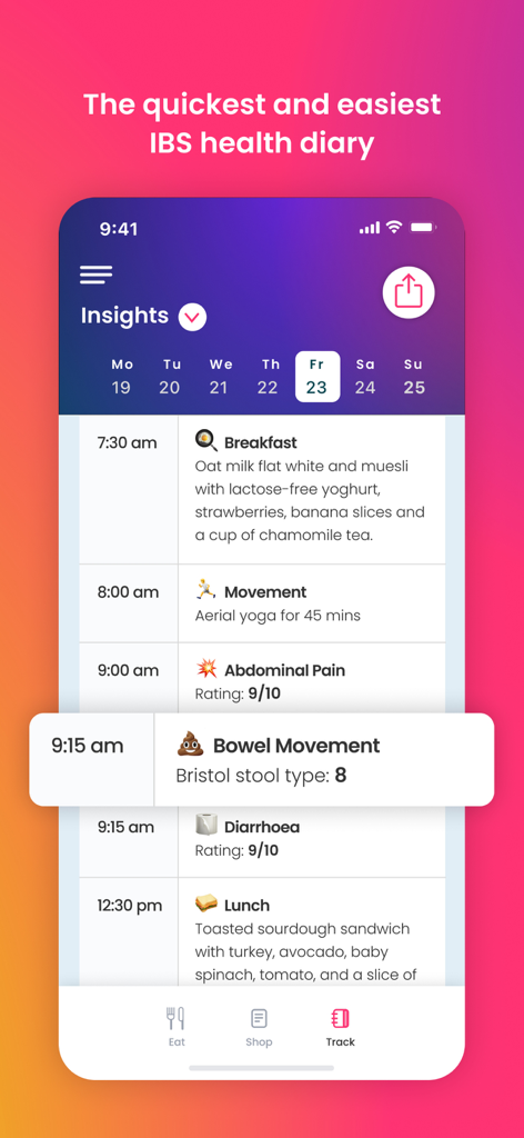 Tummily: Gut & IBS Tracker - A screenshot of the Tummily app interface showing a daily health diary with logged meals, exercise, and digestive symptoms.