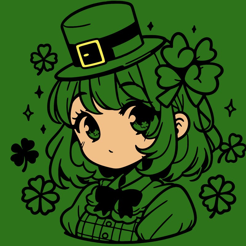 a manga-style girl with clovers around her, a little hat in her hair, like it's saint patrick's day