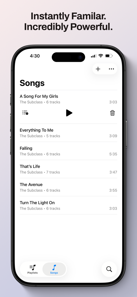 The song library view of the Multitrack Audio Player app showing a list of music tracks and performance controls