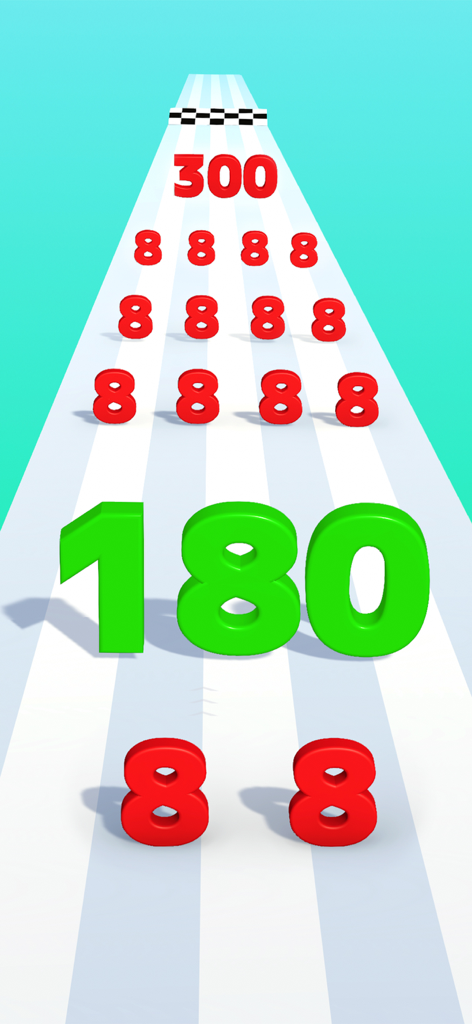 Number Run Merge Puzzle - 다른 숫자와 합쳐지기 위해 트랙을 따라 결승선으로 향하는 큰 녹색 숫자 180의 3D 모습.