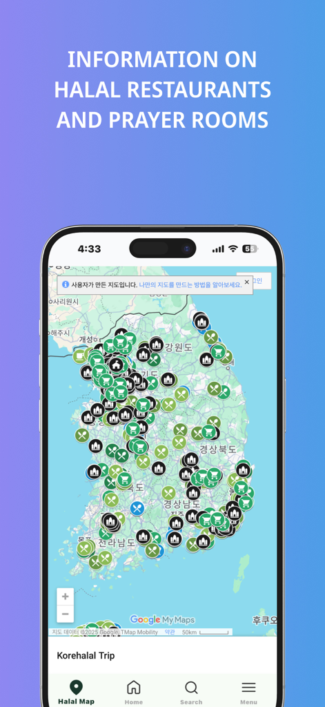 Korehalal Trip : Muslim Travel - A map of South Korea showing halal restaurants and prayer room locations in the Korehalal Trip app