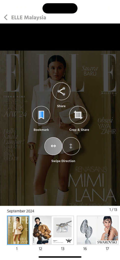 ELLE Malaysia Mag - Digital reader interface of ELLE Malaysia magazine app featuring the September 2024 cover and interactive icons for sharing and bookmarking.