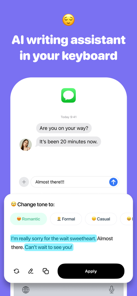 TextAI - AI Texting Assistant - TextAI app interface showing how to change the tone of a message using an AI writing assistant keyboard