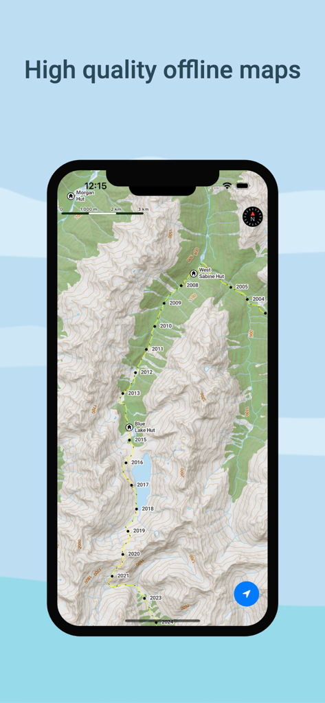 Un smartphone mostrando un detallado mapa topográfico sin conexión del sendero Te Araroa con marcadores de refugios y campings.