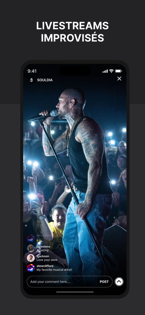 Souldia - Official App - Una transmisión de concierto en vivo del artista Souldia dentro de su app móvil oficial con chat interactivo de fans