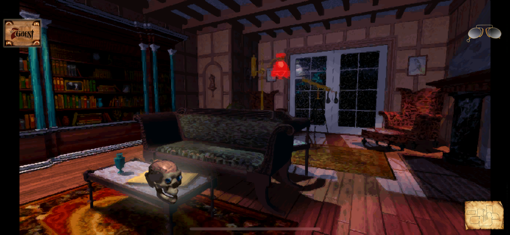 Ein gruseliges Bibliotheksinterieur aus The 7th Guest Remastered mit einem Totenkopf auf einem Tisch und klassischer 3D-Grafik