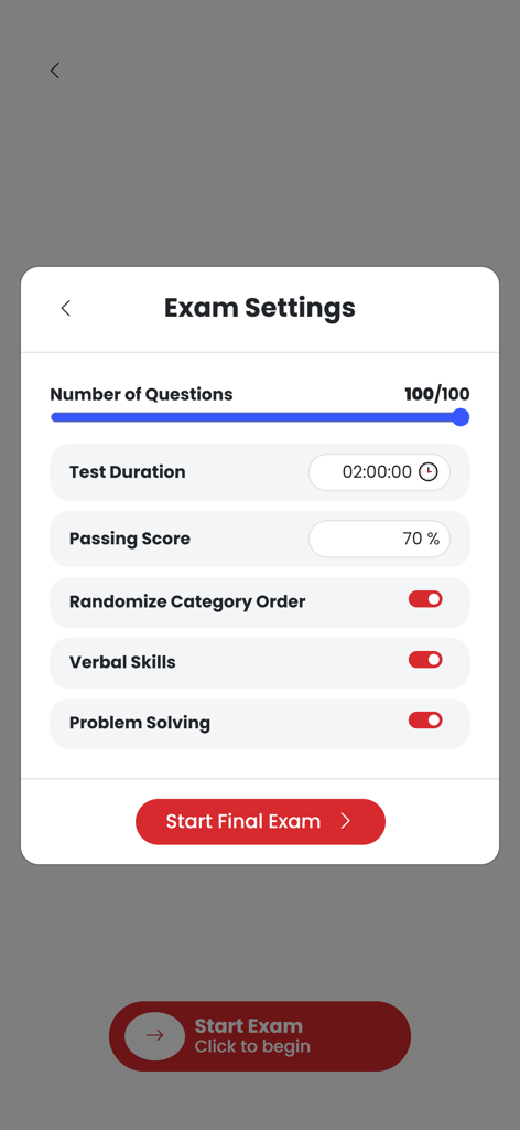 The exam settings screen of the CFAT Practice Test app showing options for question count, test duration, and passing score.