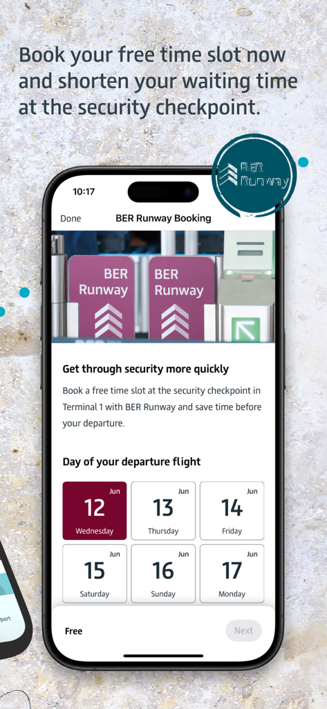 BER Airport App-Oberfläche zur Buchung eines kostenlosen Zeitfensters für die Sicherheitskontrolle