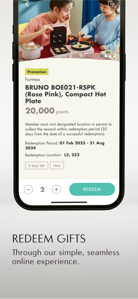 TAIKOO+ - TAIKOO plus app interface showing gift redemption for a compact hot plate with 20,000 points