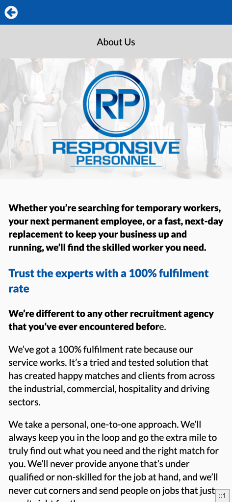 Responsive Personnel Ltd - About Us screen of Responsive Personnel recruitment app