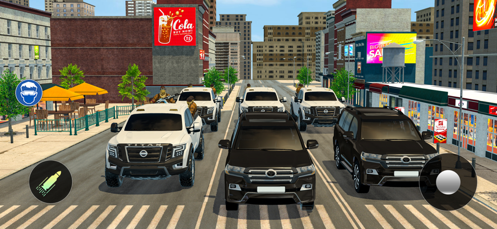 A motorcade of security SUVs and guards escorting a VIP through a city street in a bodyguard simulation game