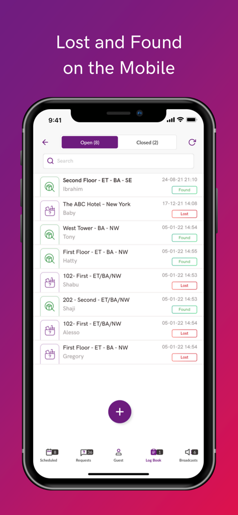 MessageBox mobile app interface for tracking lost and found items in hotels