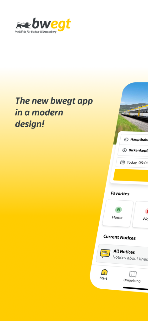 bwegt Bus & Bahn - Écran promotionnel montrant le tableau de bord personnel de l'application bwegt Bus et Bahn et son design moderne.