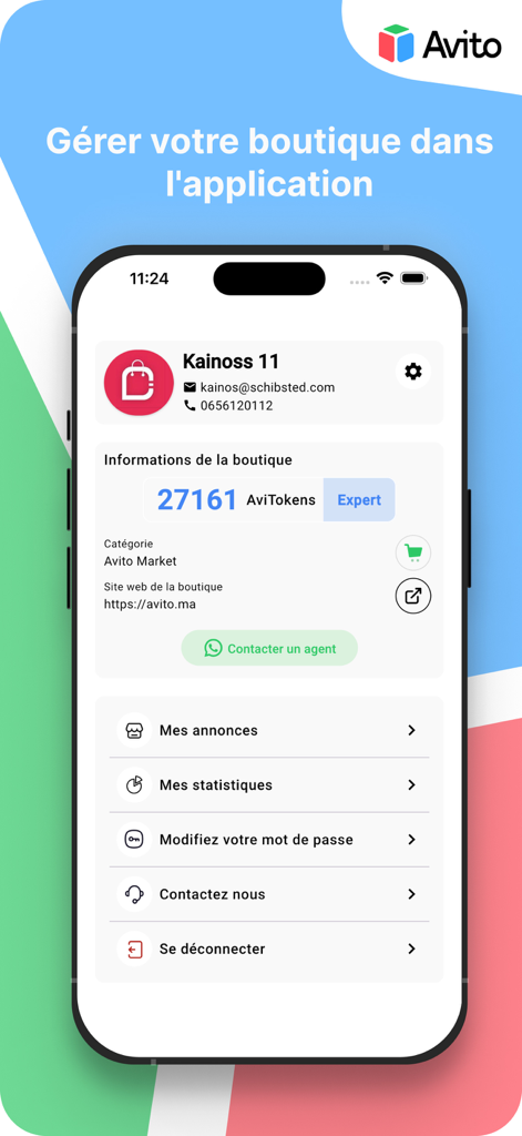 Avito Boutique - Interfaz móvil de la aplicación Avito Boutique que muestra un panel de gestión de tienda con información del perfil, estado de experto y estadísticas del negocio.