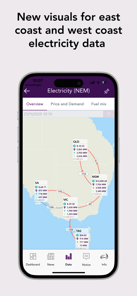 AEMO Energy Live - Live electricity market map showing regional prices and demand on AEMO Energy Live app