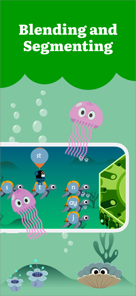 Teach Your Monster to Read - Escena de juego submarina de Teach Your Monster to Read que muestra ejercicios de fonética de unión y segmentación con coloridas criaturas marinas
