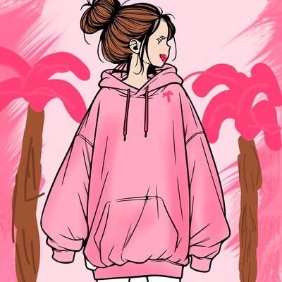 realistic girl with a oversized sweatshirt on and a bun