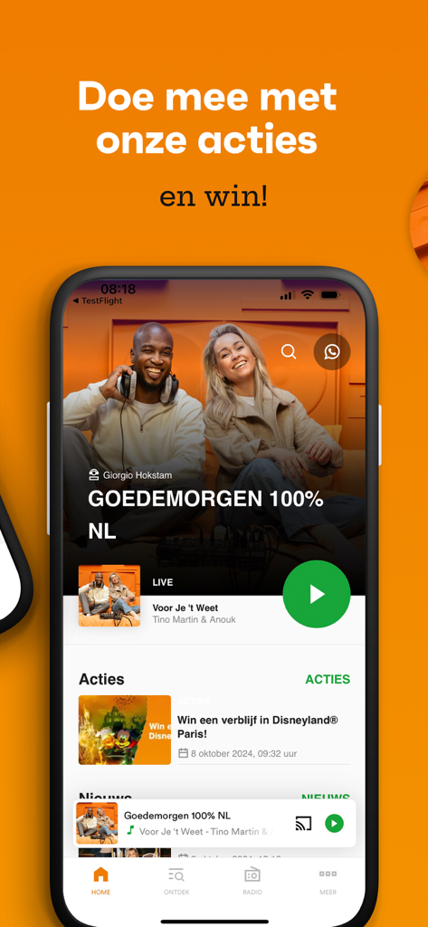 Interface do aplicativo de rádio 100% NL mostrando a tela inicial com música holandesa e promoções de sorteio.