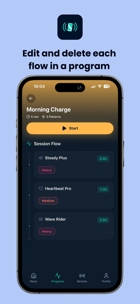 Captura de tela do aplicativo MeTime Vibrator mostrando o programa Morning Charge com uma sequência de padrões de vibração personalizados