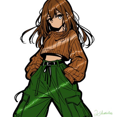 anime teen girl with baggy pants and crop top with sweater