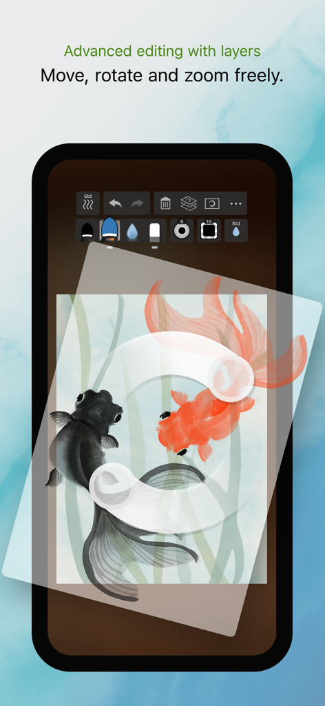 Zen Brush 3 app interface demonstrating layer editing features with a digital ink painting of two goldfish
