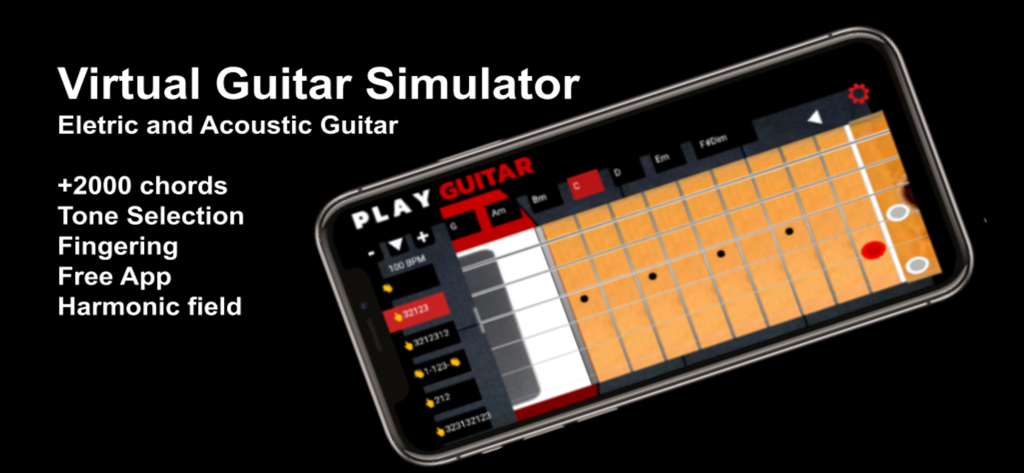 Play Guitar Acoustic Electric - Un smartphone mostrando la interfaz de la aplicación Play Guitar con un diapasón virtual y selecciones de acordes.