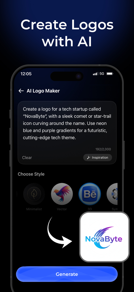 Interface do Flyra AI Logo Maker mostrando um prompt de texto e um logotipo gerado para uma startup de tecnologia.