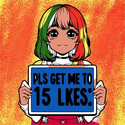 realistic girl holding up a sign that says “pls get me to 15 likes!”
