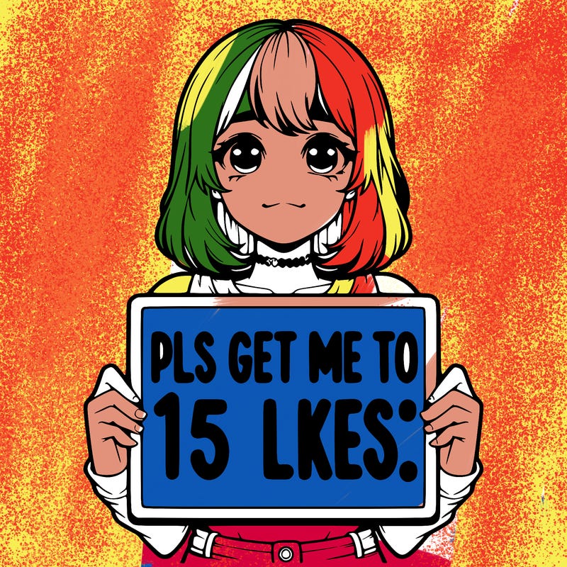realistic girl holding up a sign that says “pls get me to 15 likes!”