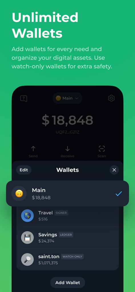 Tonkeeper App-Oberfläche, die eine Liste mehrerer digitaler Wallets anzeigt, darunter Haupt-, Reise- und Nur-Lese-Konten.